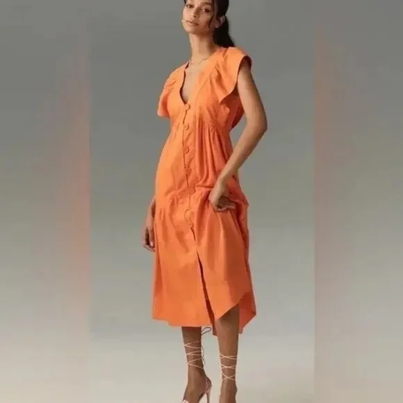 by Anthropologie Renee Dress XS Midi Orange Linen Flutter Sleeve - Picture 1 of 9
